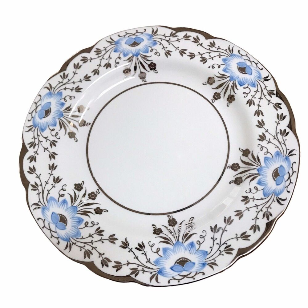 Rare Vintage Wedgwood Blue Lotus Flowers Set 6 Dinner Plates Silver Luster Trim - Picture 7 of 7